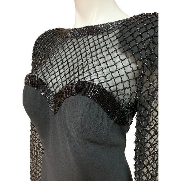 Vintage 80s NWT Evening Gown Maxi Black Beaded Size 6 SMALL - Picture 4 of 9